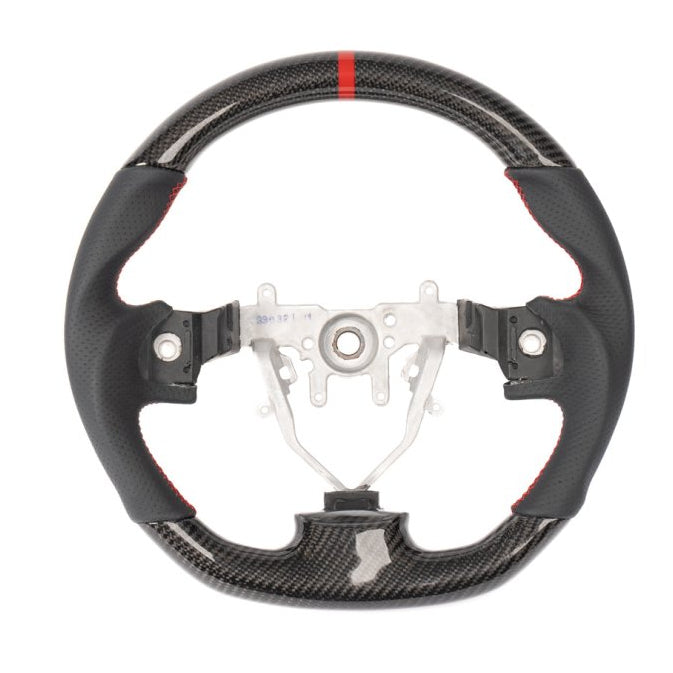 Molded Innovations Carbon Fiber Steering Wheel w/ Perforated Leather Grip, Red Stripe and Red Stitching 2008-2014 WRX / 2008-2014 STI - MI08-WHL-L/OC-R-R - Subimods.com