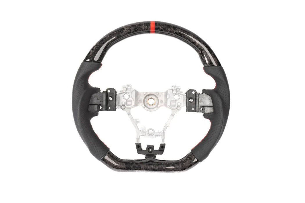 Molded Innovations Forged Carbon Fiber Steering Wheel w/ Perforated Leather Grip, Red Stripe and Red Stitching 2008-2014 WRX / 2008-2014 STI - MI08-WHL-L/FC-R-R - Subimods.com