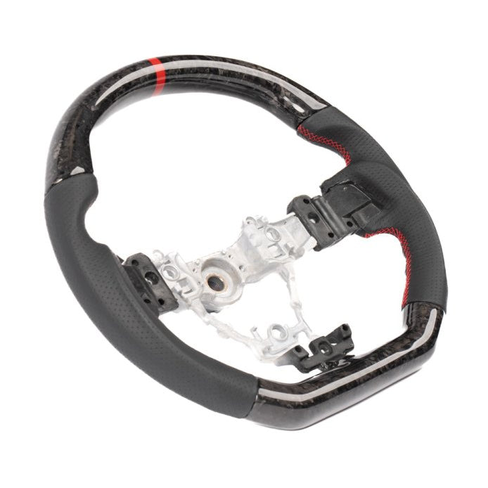 Molded Innovations Forged Carbon Fiber Steering Wheel w/ Perforated Leather Grip, Red Stripe and Red Stitching 2015-2021 WRX / 2015-2021 STI - MI15-WHL-L/FC-R-R - Subimods.com
