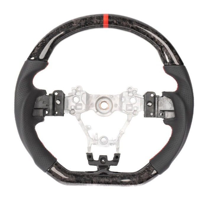 Molded Innovations Forged Carbon Fiber Steering Wheel w/ Perforated Leather Grip, Red Stripe and Red Stitching 2015-2021 WRX / 2015-2021 STI - MI15-WHL-L/FC-R-R - Subimods.com