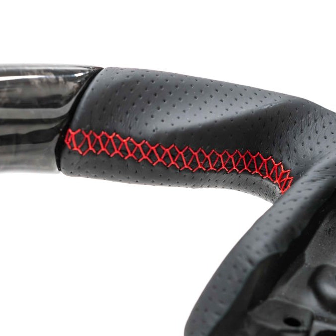 Molded Innovations Forged Carbon Fiber Steering Wheel w/ Perforated Leather Grip, Red Stripe and Red Stitching 2022-2024 WRX - MI22-WHL-L/FC-R-R - Subimods.com