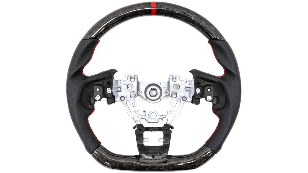 Molded Innovations Forged Carbon Fiber Steering Wheel w/ Perforated Leather Grip, Red Stripe and Red Stitching 2022-2024 WRX - MI22-WHL-L/FC-R-R - Subimods.com