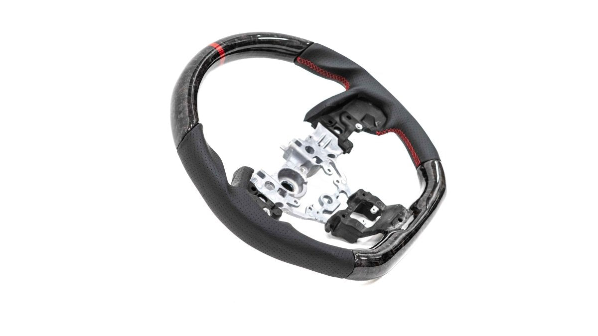 Molded Innovations Forged Carbon Fiber Steering Wheel w/ Perforated Leather Grip, Red Stripe and Red Stitching 2022-2024 WRX - MI22-WHL-L/FC-R-R - Subimods.com