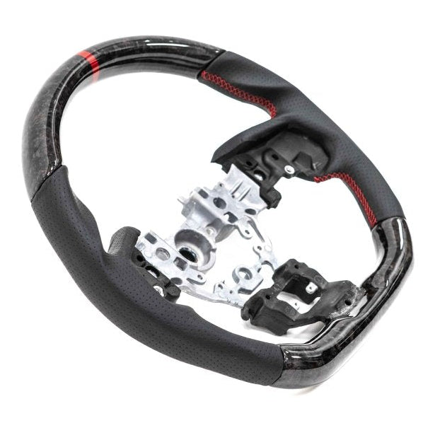 Molded Innovations Forged Carbon Fiber Steering Wheel w/ Perforated Leather Grip, Red Stripe and Red Stitching 2022-2024 WRX - MI22-WHL-L/FC-R-R - Subimods.com