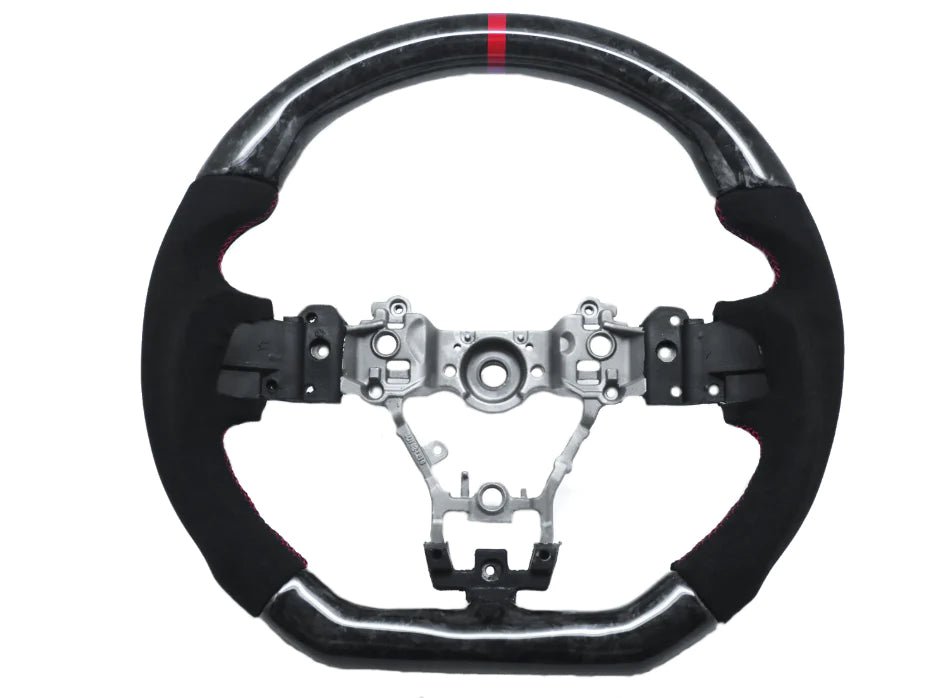 Molded Innovations Forged Carbon Fiber Steering Wheel w/ Suede Grip, Red Stripe and Red Stitching 2008-2014 WRX / 2008-2014 STI - MI08-WHL-A/FC-R-R - Subimods.com