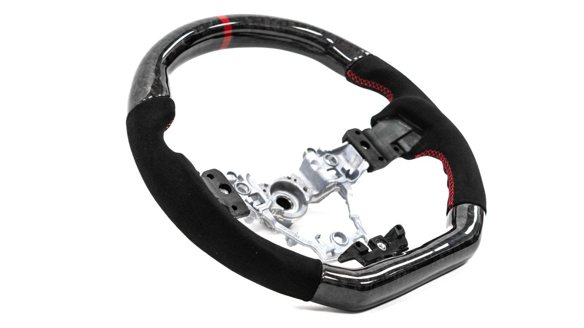 Molded Innovations Forged Carbon Fiber Steering Wheel w/ Suede Grip, Red Stripe and Red Stitching 2015-2021 WRX / 2015-2021 STI - MI15-WHL-A/FC-R-R - Subimods.com