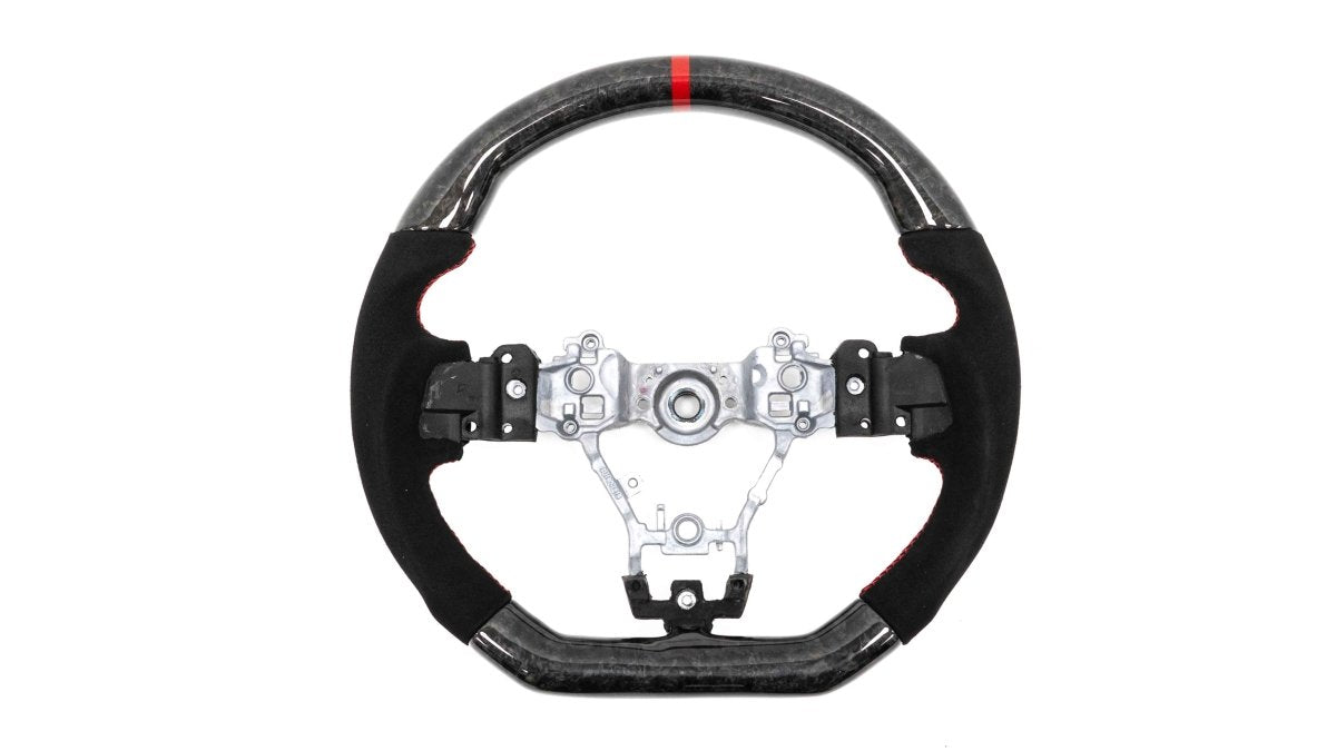 Molded Innovations Forged Carbon Fiber Steering Wheel w/ Suede Grip, Red Stripe and Red Stitching 2015-2021 WRX / 2015-2021 STI - MI15-WHL-A/FC-R-R - Subimods.com