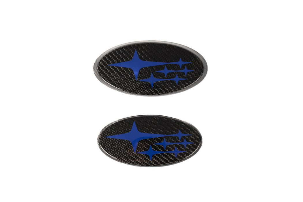 Molded Innovations Front And Rear Subaru Emblem Kit Full Carbon Fiber Replacement w/ Blue Stars 2015-2021 WRX / 2015-2021 STI - MI15-FRCFR-BL - Subimods.com