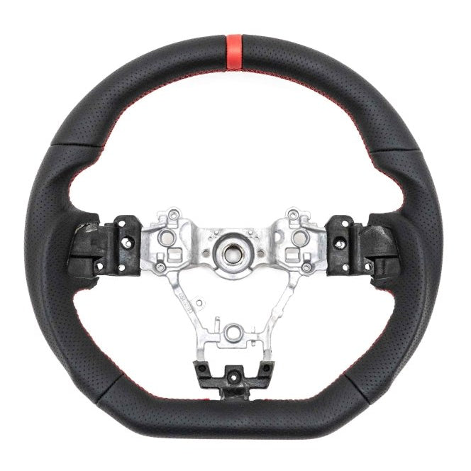 Molded Innovations OEM Plus Style Perforated Leather Steering Wheel w/ Red Stitching and Red Stripe 2015-2021 WRX / 2015-2021 STI - MI15-WHL-L/RD-R - Subimods.com