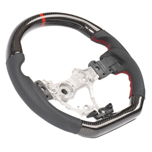 Molded Innovations Original Carbon Fiber Steering Wheel w/ Perforated Leather Grip, Red Stripe and Red Stitching 2015-2021 WRX / 2015-2021 STI - MI15-WHL-L/OC-R-R - Subimods.com