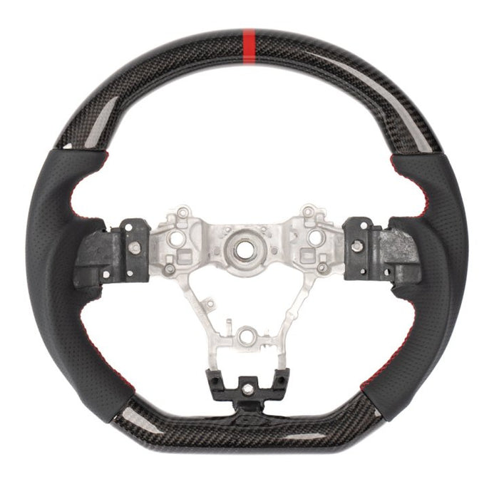 Molded Innovations Original Carbon Fiber Steering Wheel w/ Perforated Leather Grip, Red Stripe and Red Stitching 2015-2021 WRX / 2015-2021 STI - MI15-WHL-L/OC-R-R - Subimods.com