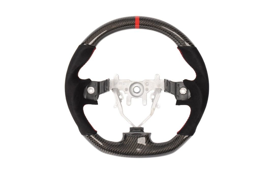 Molded Innovations Original Carbon Fiber Steering Wheel w/ Suede Grip, Red Stripe and Red Stitching 2008-2014 WRX / 2008-2014 STI - MI08-WHL-A/OC-R-R - Subimods.com