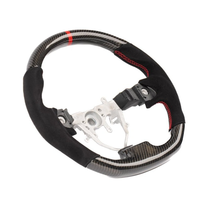 Molded Innovations Original Carbon Fiber Steering Wheel w/ Suede Grip, Red Stripe and Red Stitching 2008-2014 WRX / 2008-2014 STI - MI08-WHL-A/OC-R-R - Subimods.com
