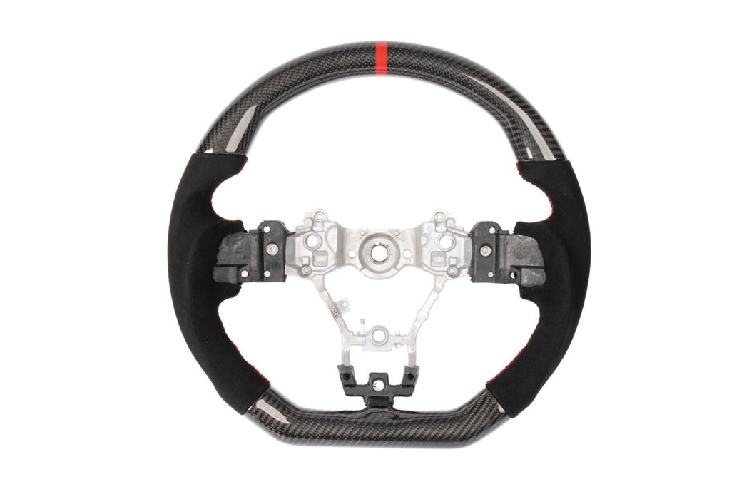 Molded Innovations Original Carbon Fiber Steering Wheel w/ Suede Grip, Red Stripe and Red Stitching 2015-2021 WRX / 2015-2021 STI - MI15-WHL-A/OC-R-R - Subimods.com