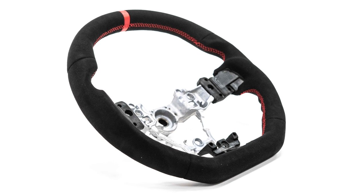 Molded Innovations OEM Plus Style Suede Steering Wheel w/ Red Double Stitch and Red Stripe 2015-2021 WRX / 2015-2021 STI - MI15-WHL-A/RD-R - Subimods.com