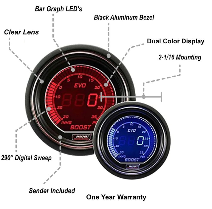 Prosport EVO Series Digital Red / Blue Electronic Boost Gauge 52MM - 216EVOBO.PSI - Subimods.com