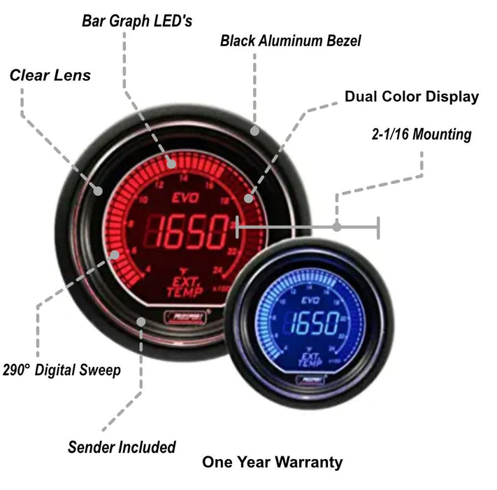 Prosport EVO Series Digital Red / Blue Electronic Exhaust Gas Temperature "EGT" Gauge 52MM - 216EVOEGT.F - Subimods.com