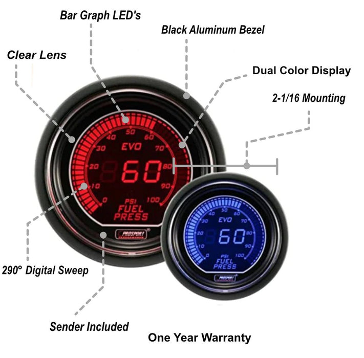 Prosport EVO Series Digital Red / Blue Electronic Fuel Pressure Gauge 52MM - 216EVOEFP.PSI - Subimods.com