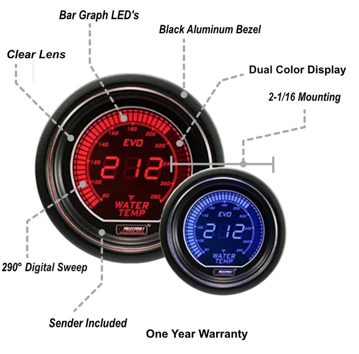 Prosport EVO Series Digital Red / Blue Electronic Water Temperature Gauge 52MM - 216EVOWT.F - Subimods.com