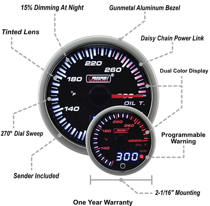 Prosport JDM Series Electronic Oil Temperature Gauge 52MM - 216JDMOT-R.F - Subimods.com