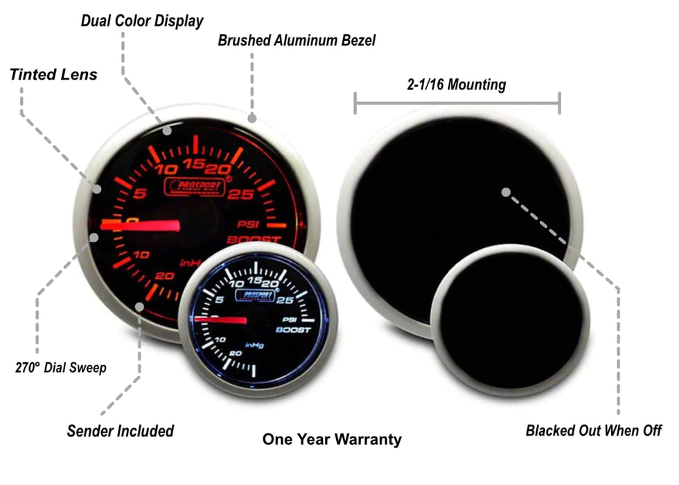 Prosport Performance Series Amber / White Electronic Boost Gauge 52MM - 216BFWAEBOSM.PSI - Subimods.com