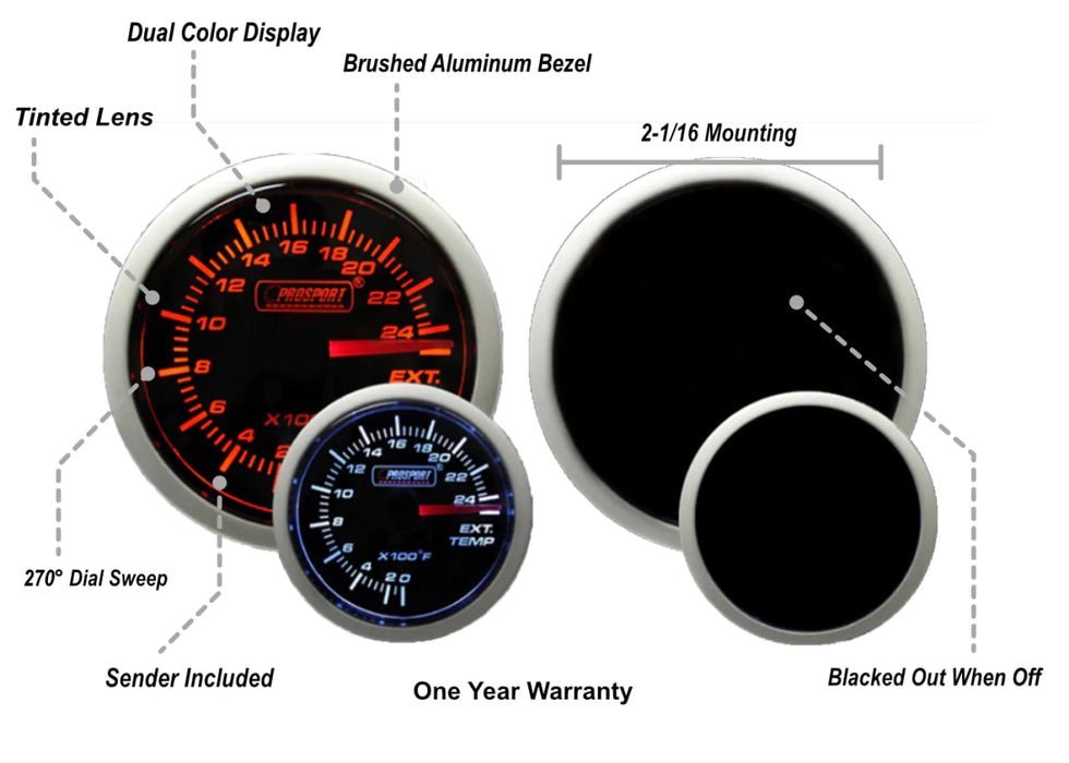 Prosport Performance Series Amber / White Electrical Exhaust Gas Temperature "EGT" Gauge 52MM - 216BFWAEGTSM.F - Subimods.com