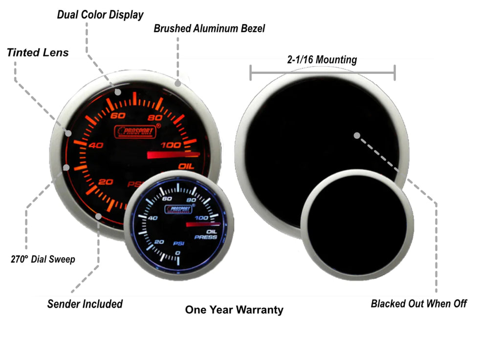 Prosport Performance Series Amber / White Electronic Oil Pressure Gauge 52MM - 216BFWAOPSM.PSI - Subimods.com