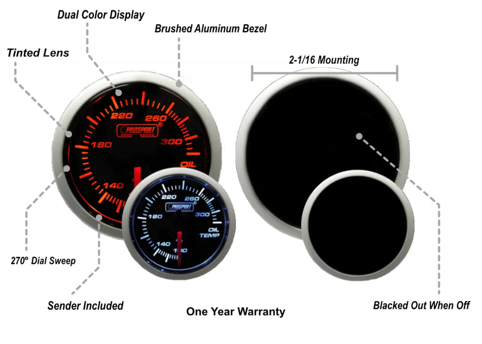 Prosport Performance Series Amber / White Electronic Oil Temperature Gauge 52MM - 216BFWAOTSM.F - Subimods.com