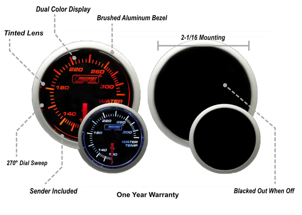 Prosport Performance Series Amber / White Electronic Water Temperature Gauge 52MM - 216BFWAWTSM.F - Subimods.com