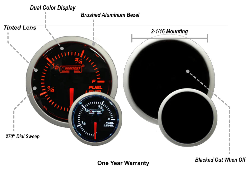 Prosport Performance Series Amber / White Electronic Fuel Level Gauge w/ PVC Hose 52MM - 216BFWAFLSM - Subimods.com