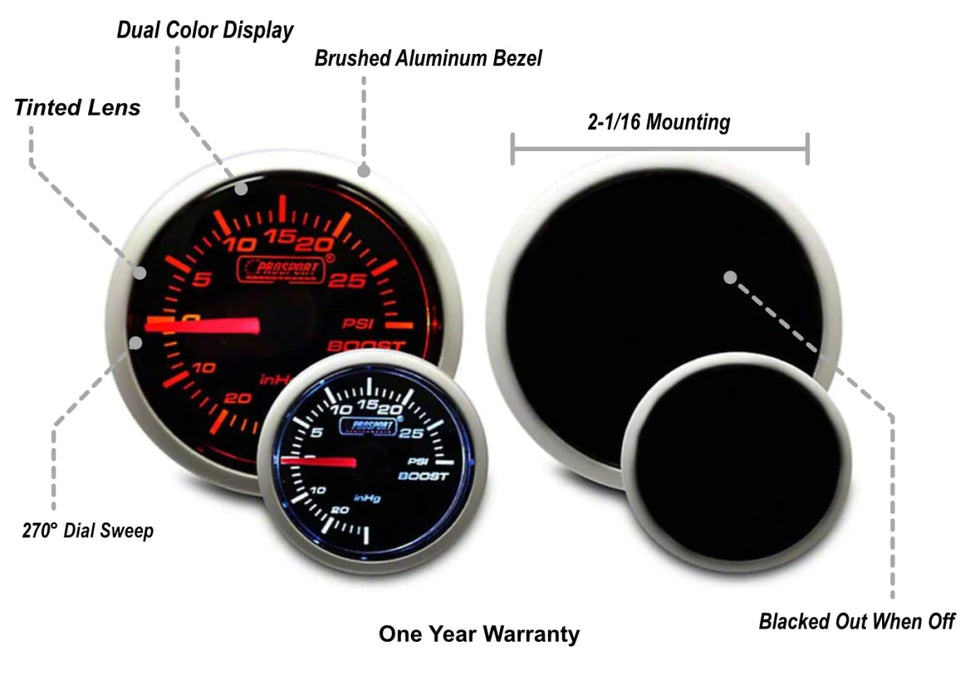 Prosport Performance Series Amber / White Mechanical Boost Gauge 52MM - 216BFWABOSM.PSI - Subimods.com