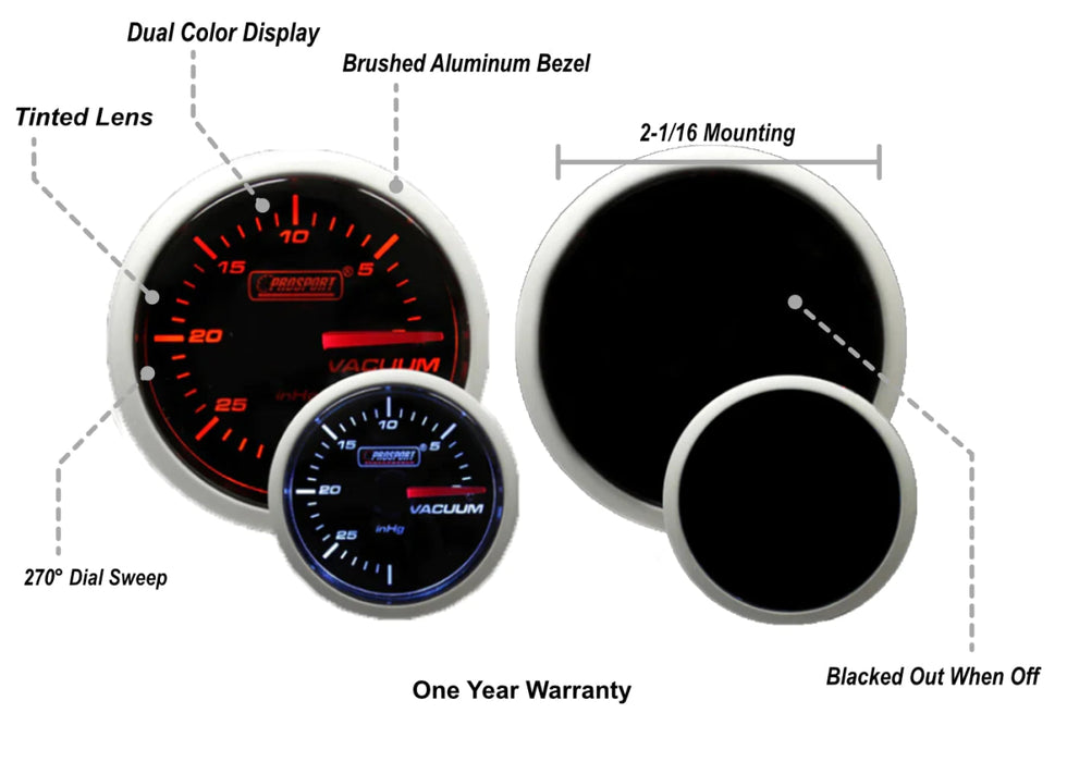 Prosport Performance Series Amber / White Electronic Vacumm Gauge w/ PVC Hose 52MM - 216BFWAVASM - Subimods.com