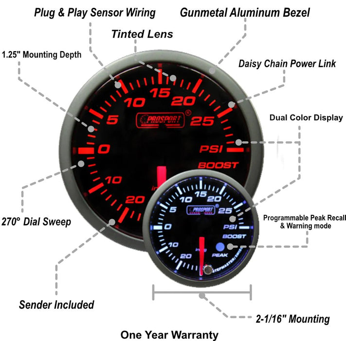 Prosport Premium Series Amber / White Electronic Boost Gauge 52mm - 216SMBOSWL270-PK.PSI - Subimods.com