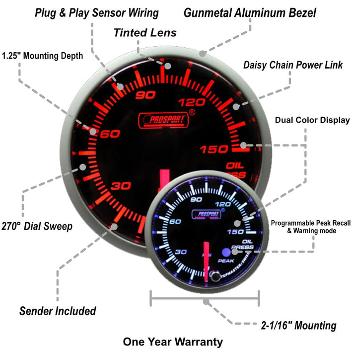 Prosport Premium Series Amber / White Electronic Oil Pressure Gauge 52mm - 216SMOPSWL270-PK.PSI - Subimods.com