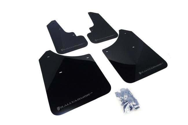 Rally Armor UR Mudflaps Black Urethane Grey Logo 2003-2008 Forester / 2004-2008 FXT - MF5-UR-BLK/GRY - Subimods.com