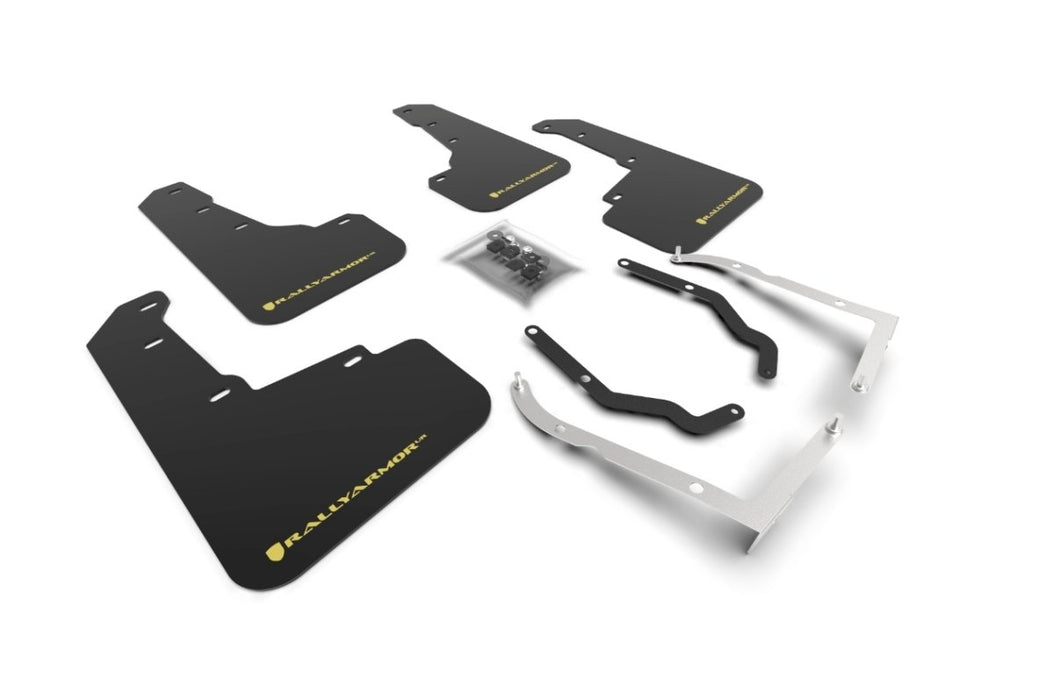 Rally Armor UR Mudflaps Black Urethane Yellow Pearl Logo 2018-2023 Crosstrek - MF46-LTUR-BLK/PYP - Subimods.com