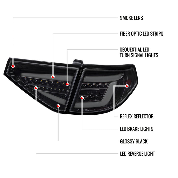 Spec-D Optic Style Sequential LED Tail Lights Gloss Black Housing w/ Smoke Lens and White Bar 2008-2014 WRX Hatchback / 2008-2014 STI Hatchback - LT-WRX085BBLED-SQ-TM - Subimods.com