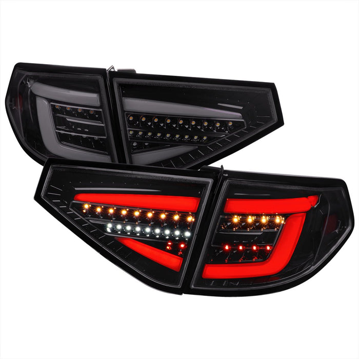 Spec-D Optic Style Sequential LED Tail Lights Gloss Black Housing w/ Smoke Lens and White Bar 2008-2014 WRX Hatchback / 2008-2014 STI Hatchback - LT-WRX085BBLED-SQ-TM - Subimods.com