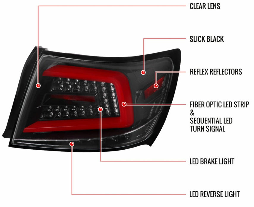 Spec-D Optic Style Sequential LED Tail Lights Gloss Black Housing w/ Clear Lens and Red Bar 2008-2014 WRX Sedan / 2011-2014 STI Sedan - LT-WRX084BKLED-SQ-TM - Subimods.com